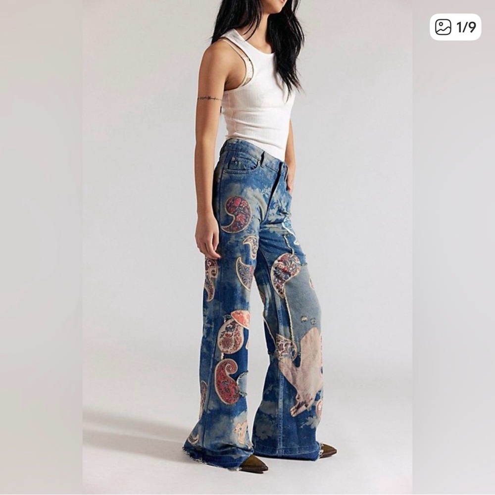 Paisley Print Wide-Leg Women’s Jeans - Blue - Picture 1 of 6